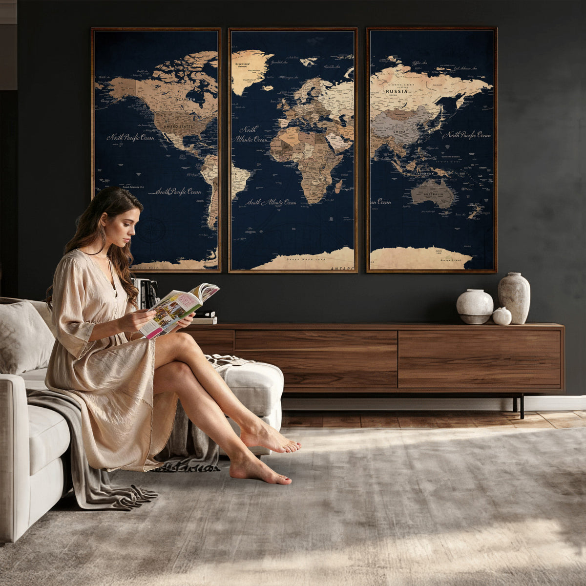 53971530-MGV-CV-36X24 - World Map Wall Art Canvas Print, Modern Decorative Framed Map Artwork Prints for Living Room, Office, Bedroom Wall Decor