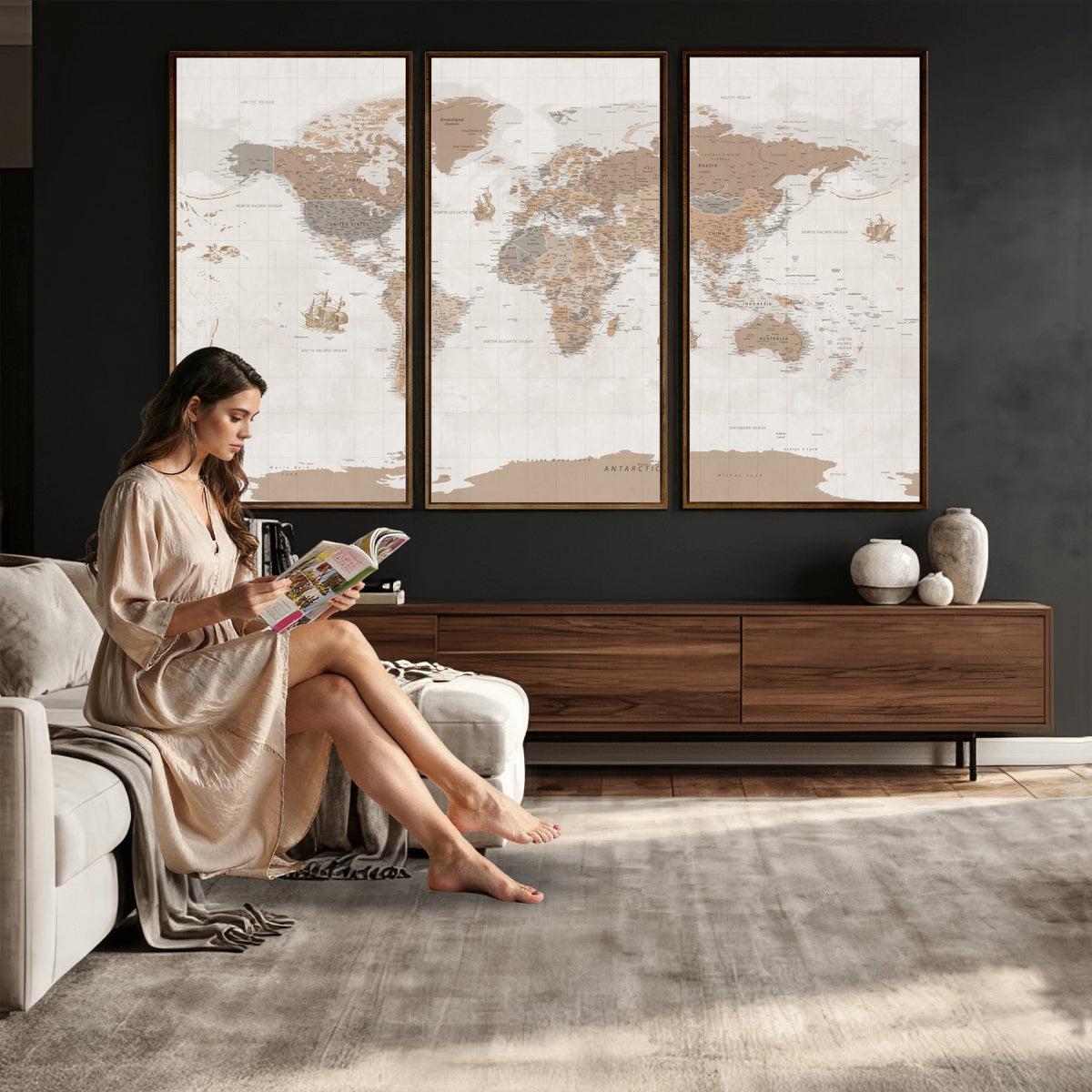 85057279-MGV-CV-36X24 - Framed Large World Map Canvas Print for Office Decor