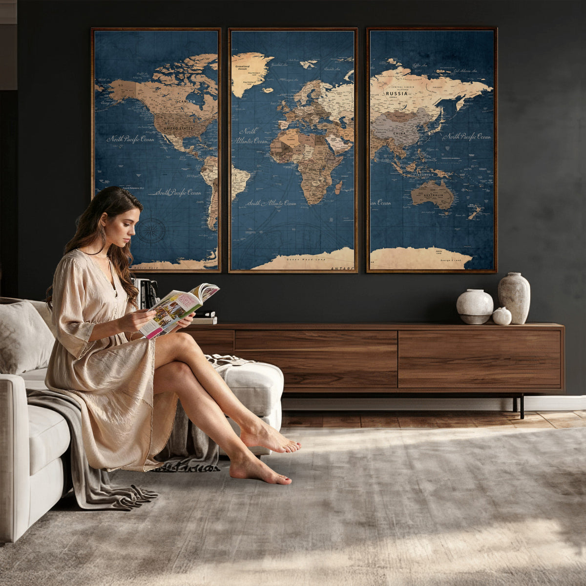 69886352-MGV-CV-36X24 - World Map Wall Art Canvas Print, Modern Decorative Framed Map Artwork Prints for Living Room, Office, Bedroom Wall Decor