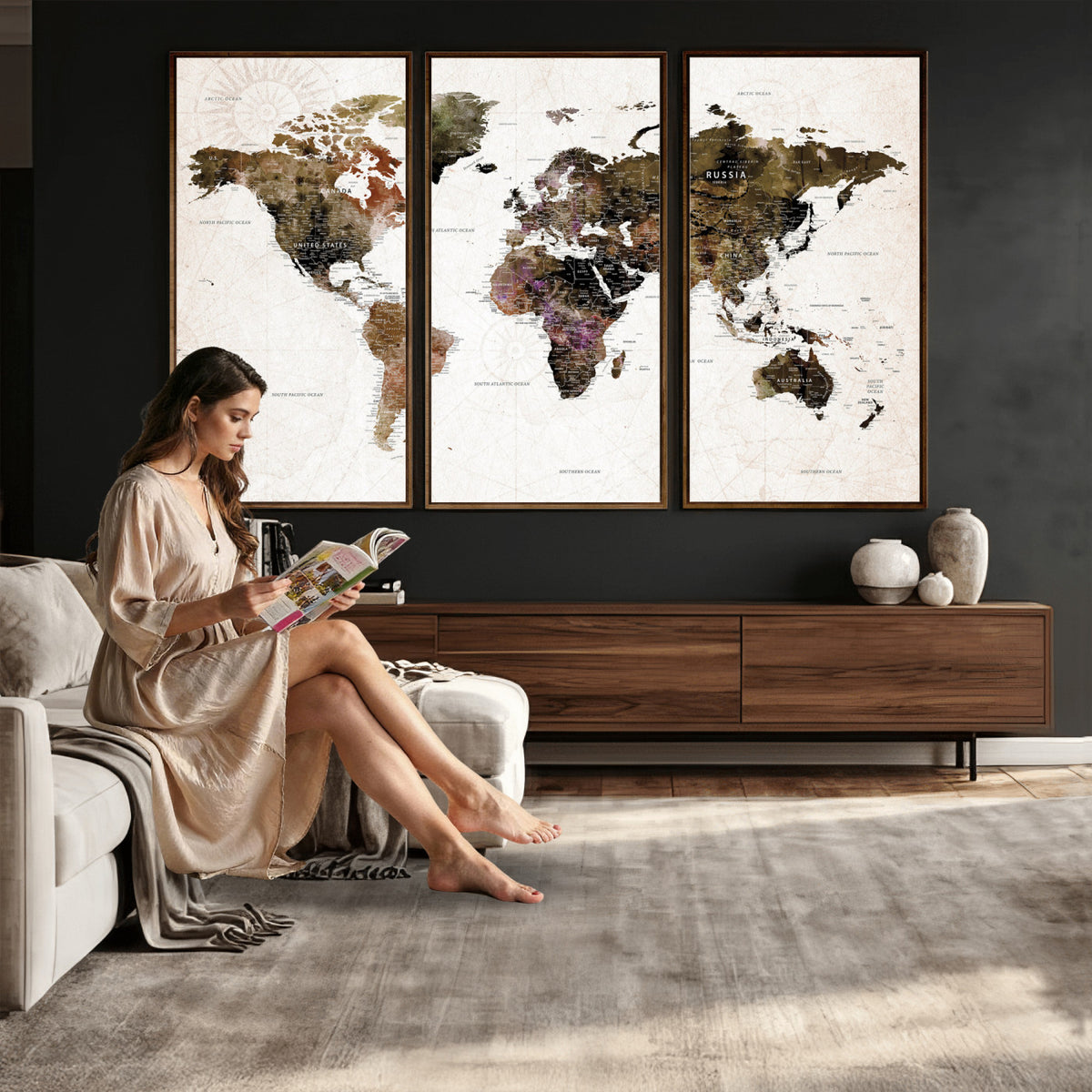 77651968-MGV-CV-36X24 - Watercolor World Map Print - Large Wall Art Canvas Print for