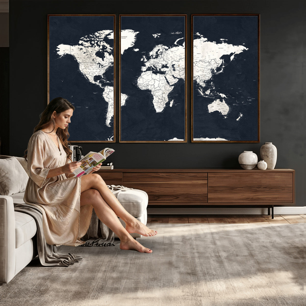 11963807-MGV-CV-36X24 - Black World Map Wall Art Canvas Print for Home Office and Meeting Room Decor