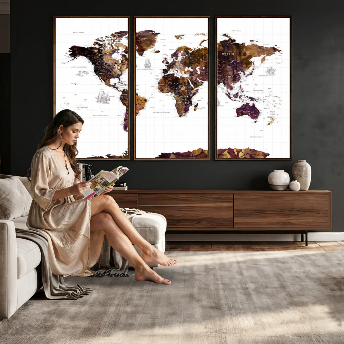 34792695-MGV-CV-36X24 - Rustic World Map Wall Art Canvas Print | Large Vintage Blue World Map on Wood Grain Style Background