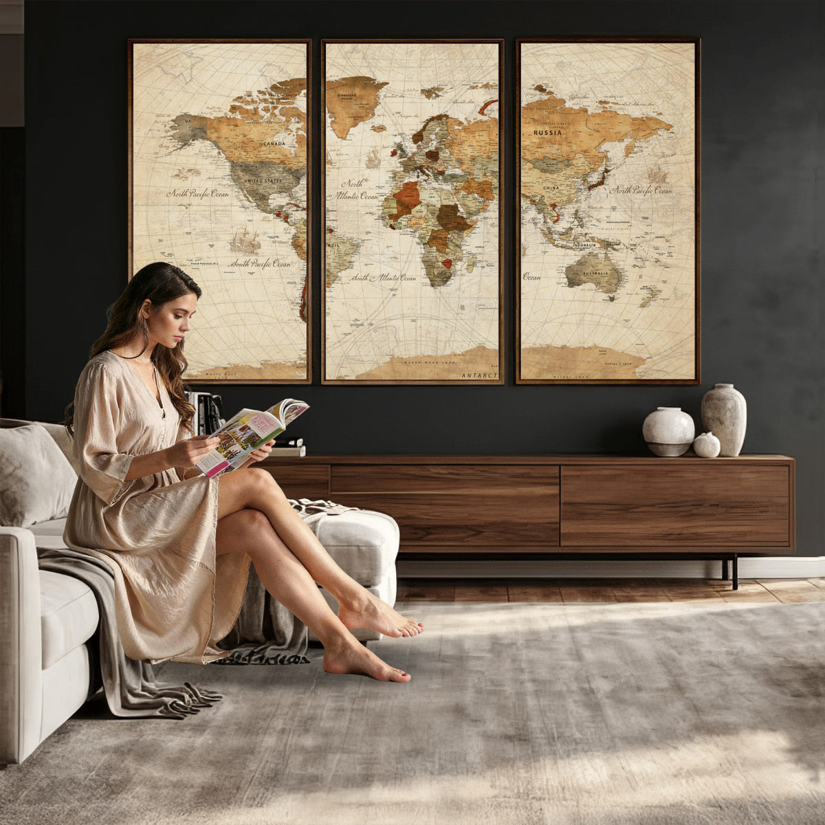 29684537-MGV-CV-36X24 - Vintage World Map Canvas Print, Framed Rustic Detailed Map of the World, Explorer Decor