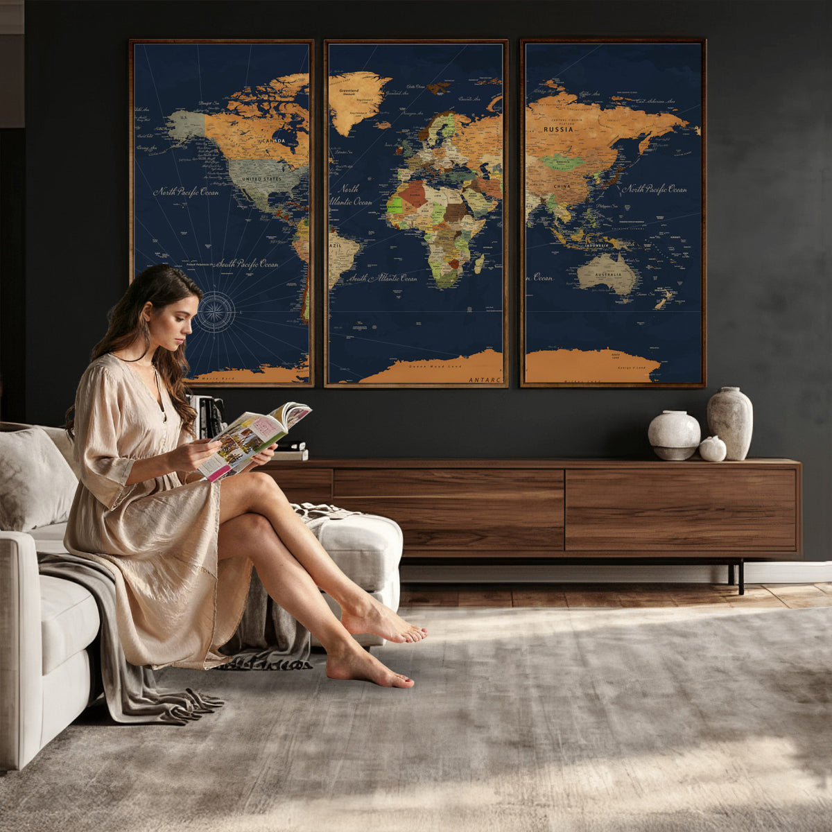 11715182-MGV-CV-36X24 - Modern World Map Canvas Print, Framed Detailed Map of the World Wall Art