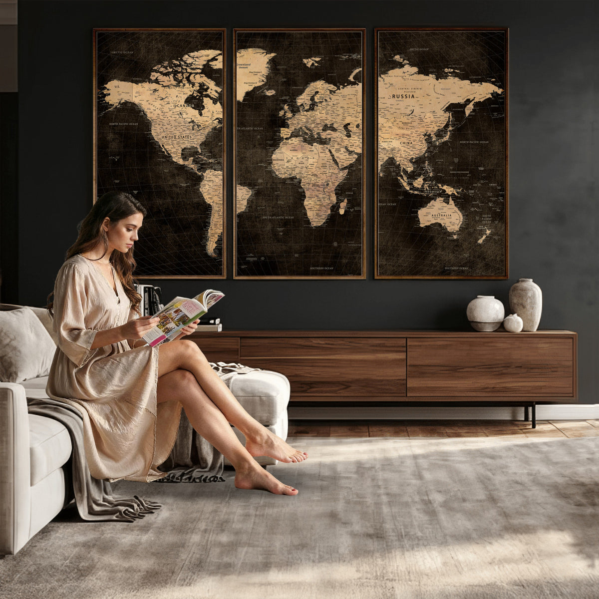 15118265-MGV-CV-36X24 - Brown World Map Canvas Print | Modern Travel Map Wall Art