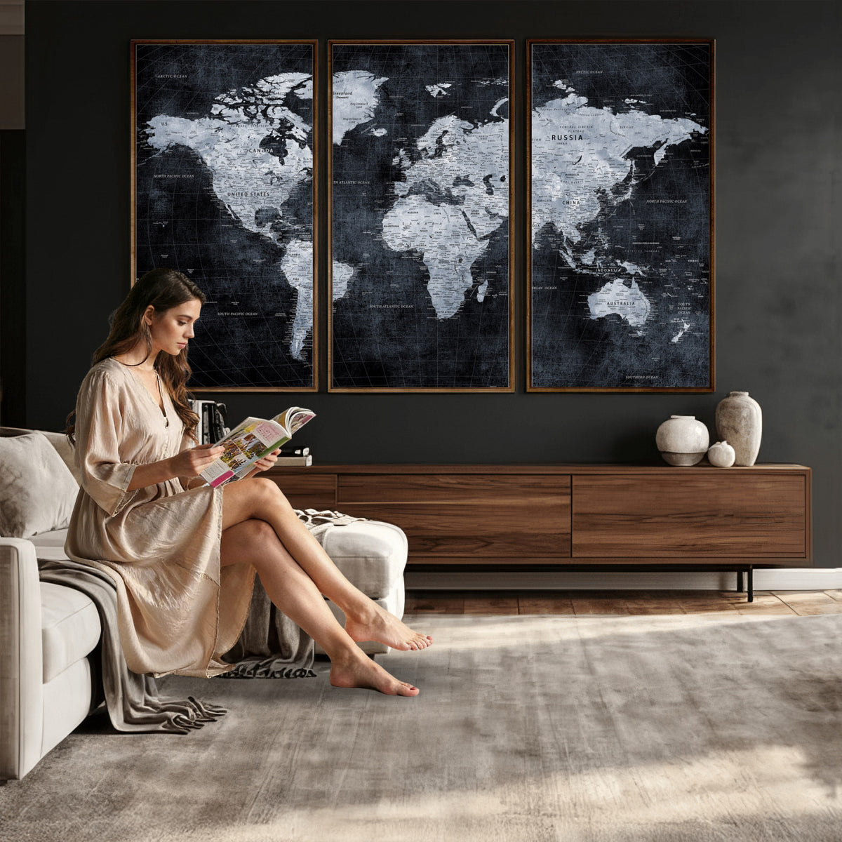 86893704-MGV-CV-36X24 - Black World Map Canvas Print | Detailed Map for Couples and Anniversary Gift