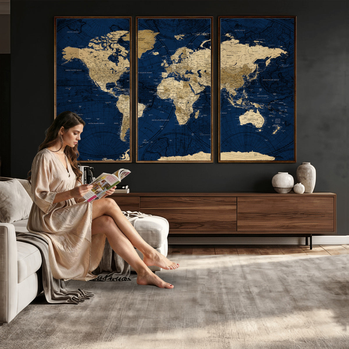 54770746-MGV-CV-36X24 - Navy Blue World Map Canvas Print – Detailed Map Minimal Navy