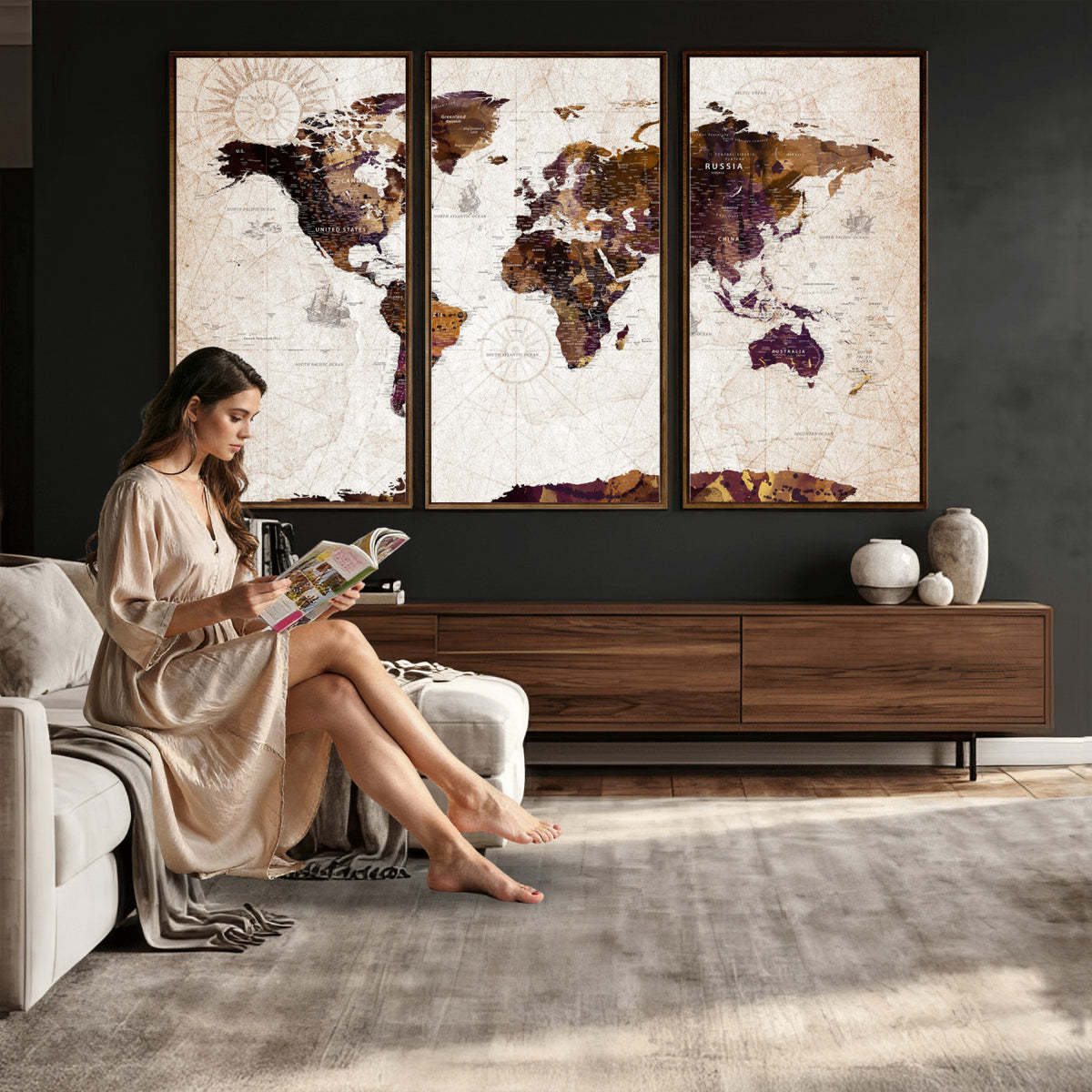 53400857-MGV-CV-36X24 - Blue Watercolor World Map Canvas Print – Framed Modern Wall