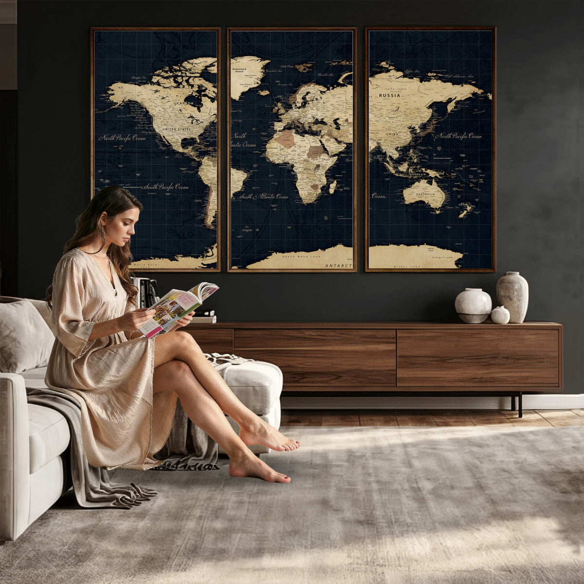 45063434-MGV-CV-36X24 - Dark World Map Canvas Wall Art Print, Minimal Black and Gold Map