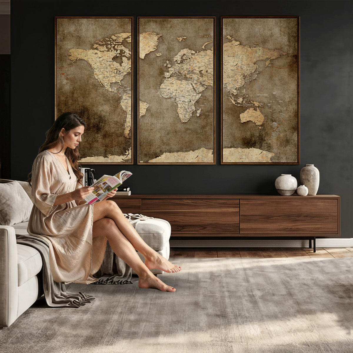 35847542-MGV-CV-36X24 - Dark Vintage World Map Canvas Wall Art Print, Antique Map