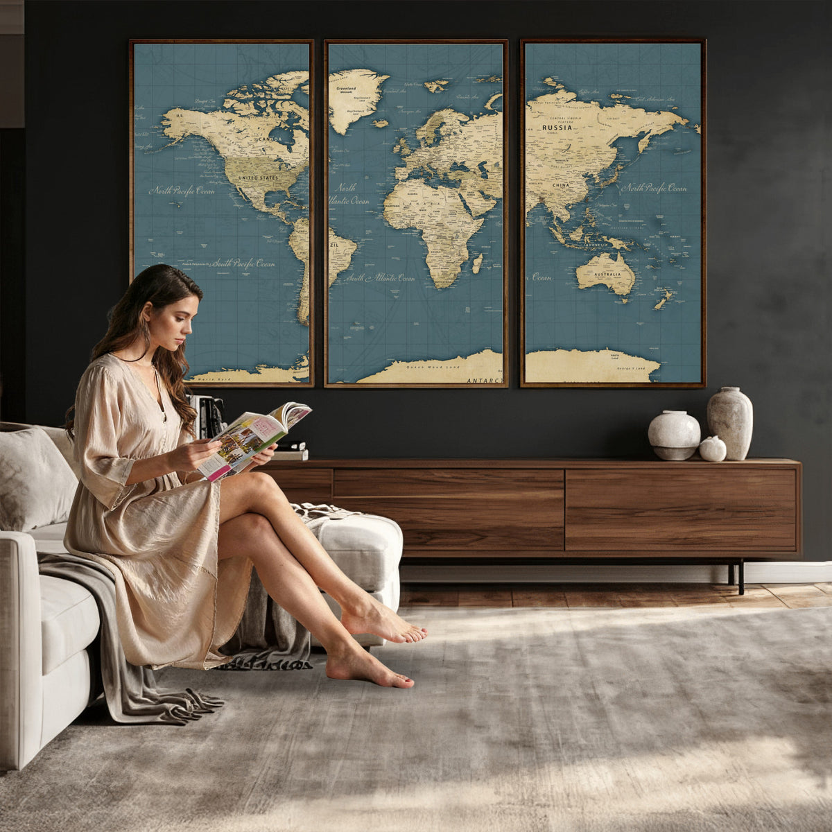 99599383-MGV-CV-36X24 - Minimal Vintage World Map Canvas Wall Art Print, Neutral