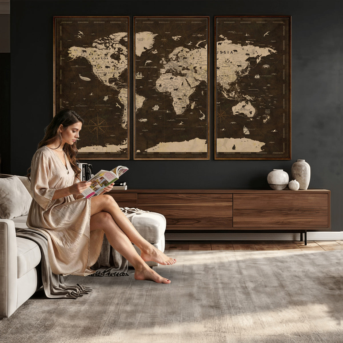 44276398-MGV-CV-36X24 - World Map Wall Art Canvas Print, Modern Decorative Framed Map Artwork Prints for Living Room, Office, Bedroom Wall Decor
