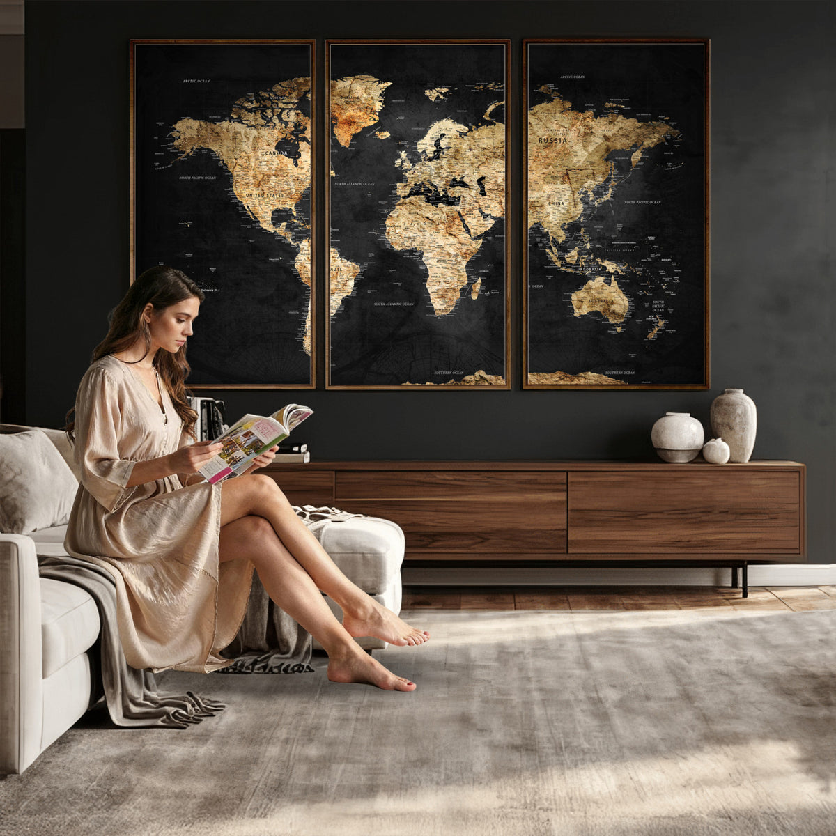 23568589-MGV-CV-36X24 - World Map Wall Art Canvas Print, Modern Decorative Framed Map Artwork Prints for Living Room, Office, Bedroom Wall Decor