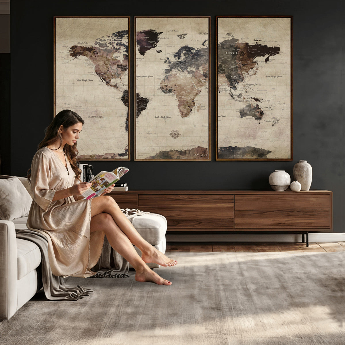 60560672-MGV-CV-36X24 - World Map Wall Art Canvas Print, Modern Decorative Framed Map Artwork Prints for Living Room, Office, Bedroom Wall Decor