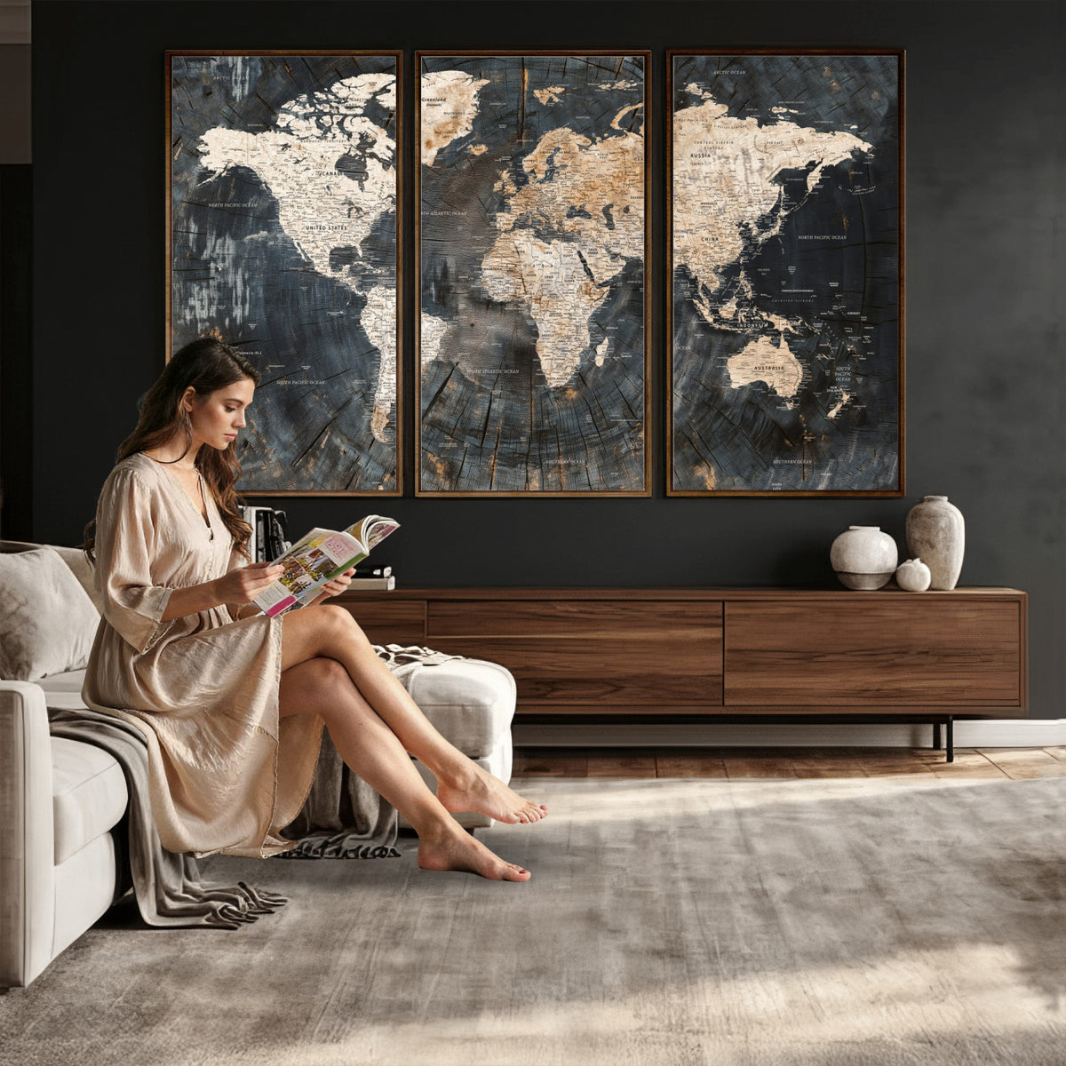 89162112-MGV-CV-36X24 - World Map Wall Art Canvas Print, Modern Decorative Framed Map Artwork Prints for Living Room, Office, Bedroom Wall Decor