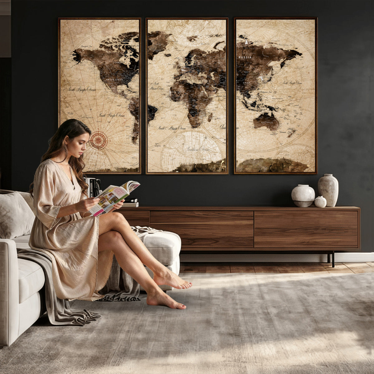 47657418-MGV-CV-36X24 - World Map Wall Art Canvas Print, Modern Decorative Framed Map Artwork Prints for Living Room, Office, Bedroom Wall Decor