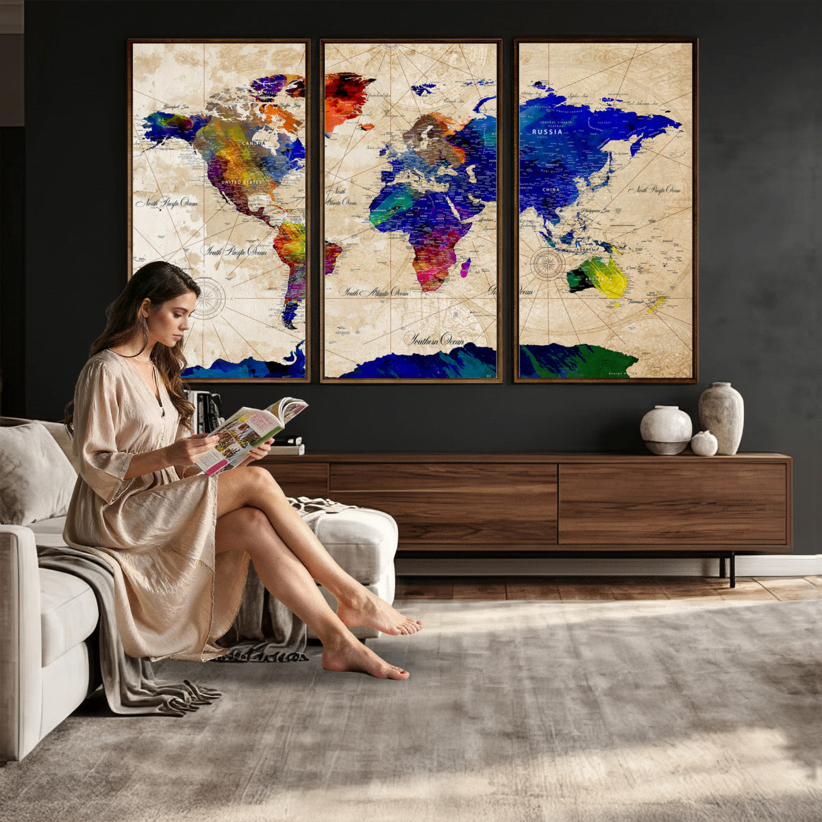 26284075-MGV-CV-36X24 - World Map Wall Art Canvas Print, Modern Decorative Framed Map Artwork Prints for Living Room, Office, Bedroom Wall Decor