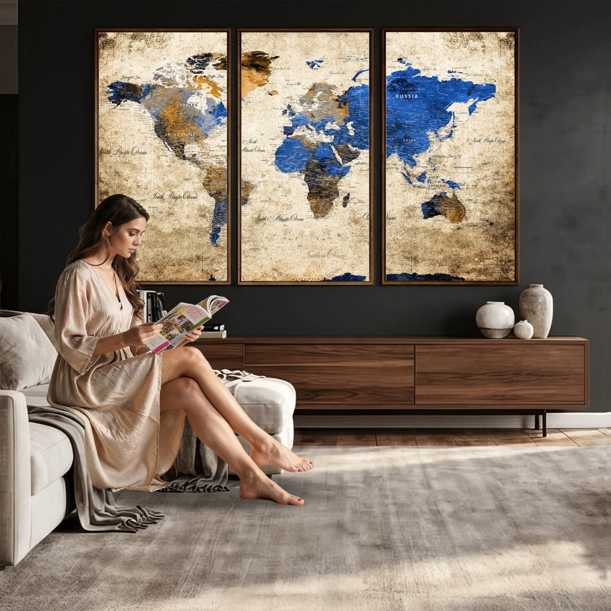 27314341-MGV-CV-36X24 - World Map Wall Art Canvas Print, Modern Decorative Framed Map Artwork Prints for Living Room, Office, Bedroom Wall Decor