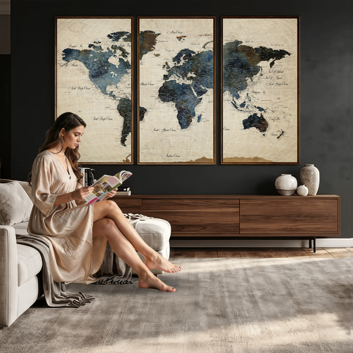 72927803-MGV-CV-36X24 - World Map Wall Art Canvas Print, Modern Decorative Framed Map Artwork Prints for Living Room, Office, Bedroom Wall Decor