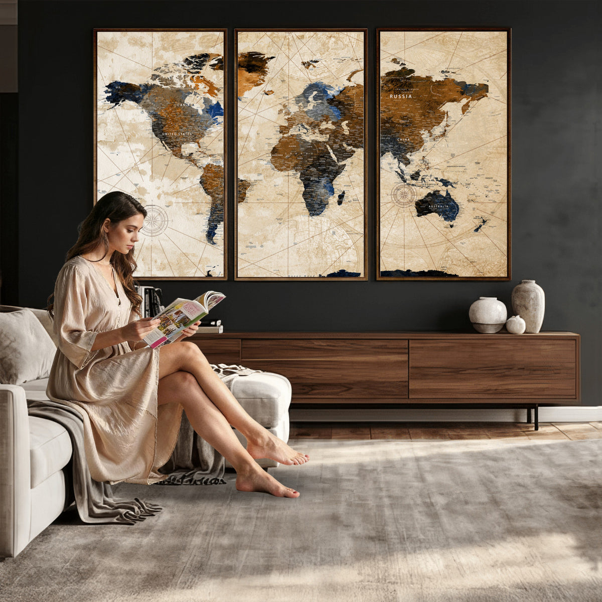 15727090-MGV-CV-36X24 - World Map Wall Art Canvas Print, Modern Decorative Framed Map Artwork Prints for Living Room, Office, Bedroom Wall Decor