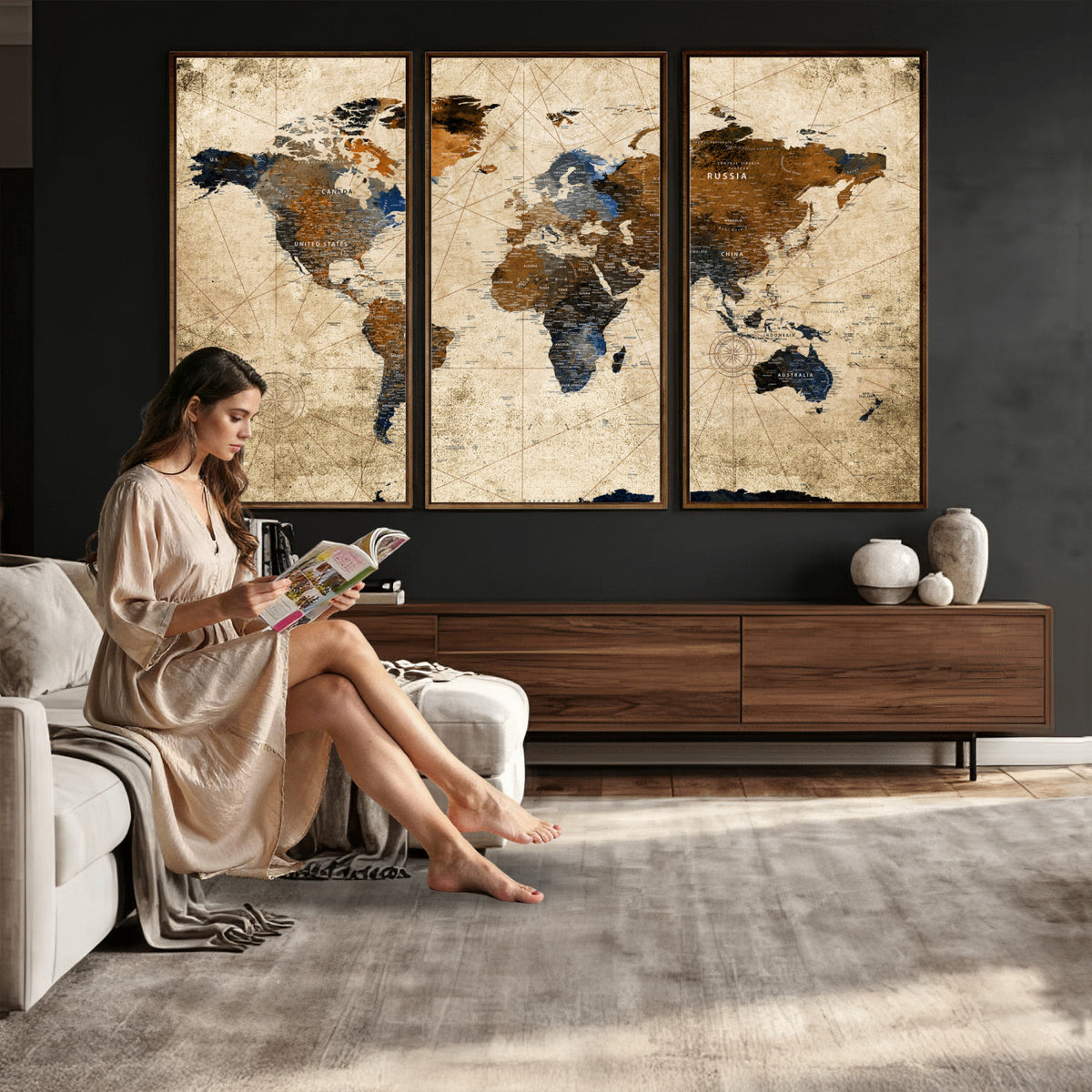 27163414-MGV-CV-36X24 - World Map Wall Art – Rustic Earth Tone Canvas Print, Antique