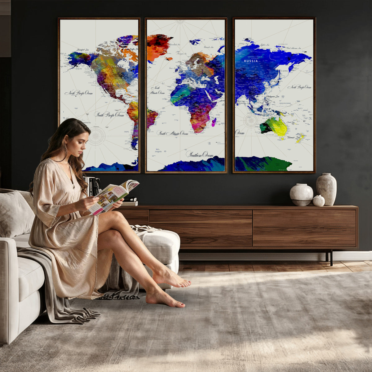 49670038-MGV-CV-36X24 - World Map Wall Art Canvas Print, Modern Decorative Framed Map Artwork Prints for Living Room, Office, Bedroom Wall Decor