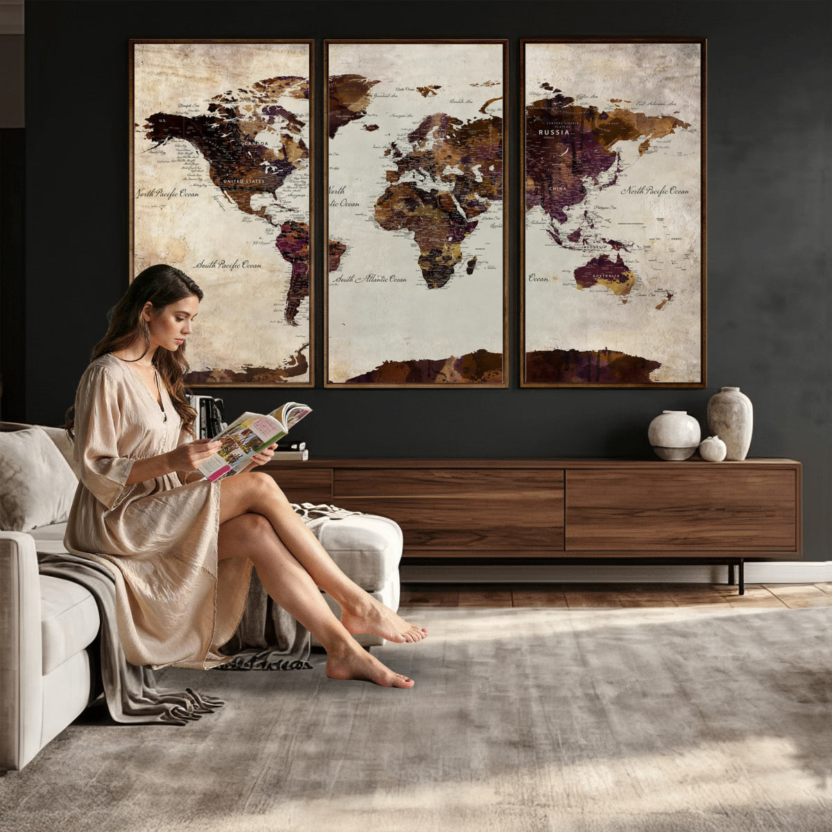 50611123-MGV-CV-36X24 - World Map Canvas Triptych | Colorful Global Wall Art for Living Rooms