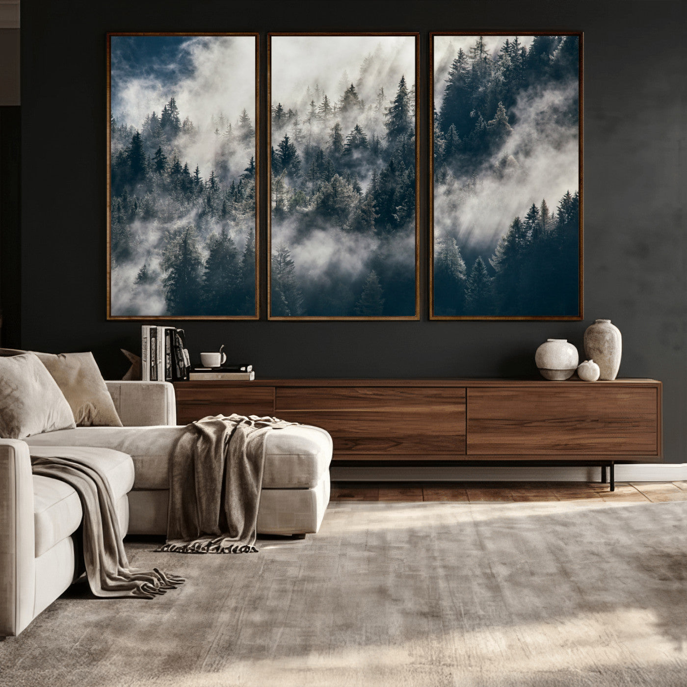 63405824-MGV-CV-36X24 - Foggy Mountain Forest Canvas Print, Misty Pine Trees Nature Wall Art, Framed Canvas Ready to Hang