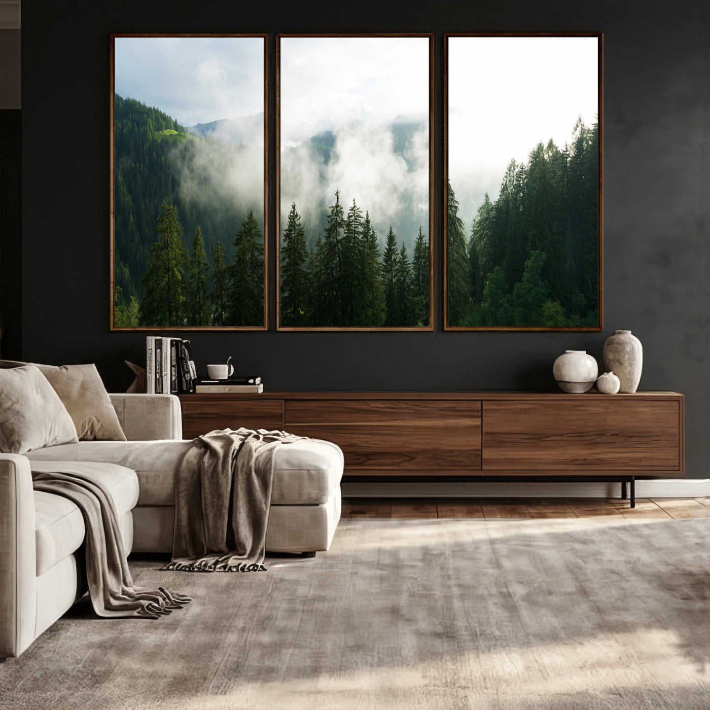 67174129-MGV-CV-36X24 - Misty Mountain Forest Canvas Print, Foggy Pine Trees Nature Wall Art, Framed Canvas Ready to Hang