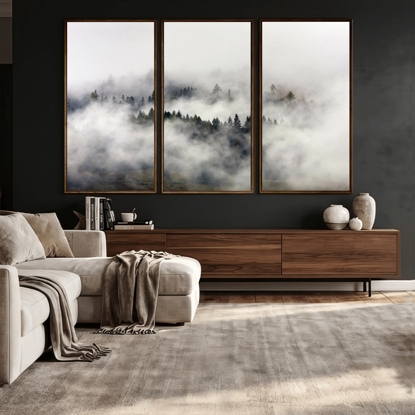 63235457-MGV-CV-36X24 - Foggy Forest Wall Art Canvas Print, Misty Pine Tree Landscape Wall Art Print, Framed Wall Art Ready to Hang