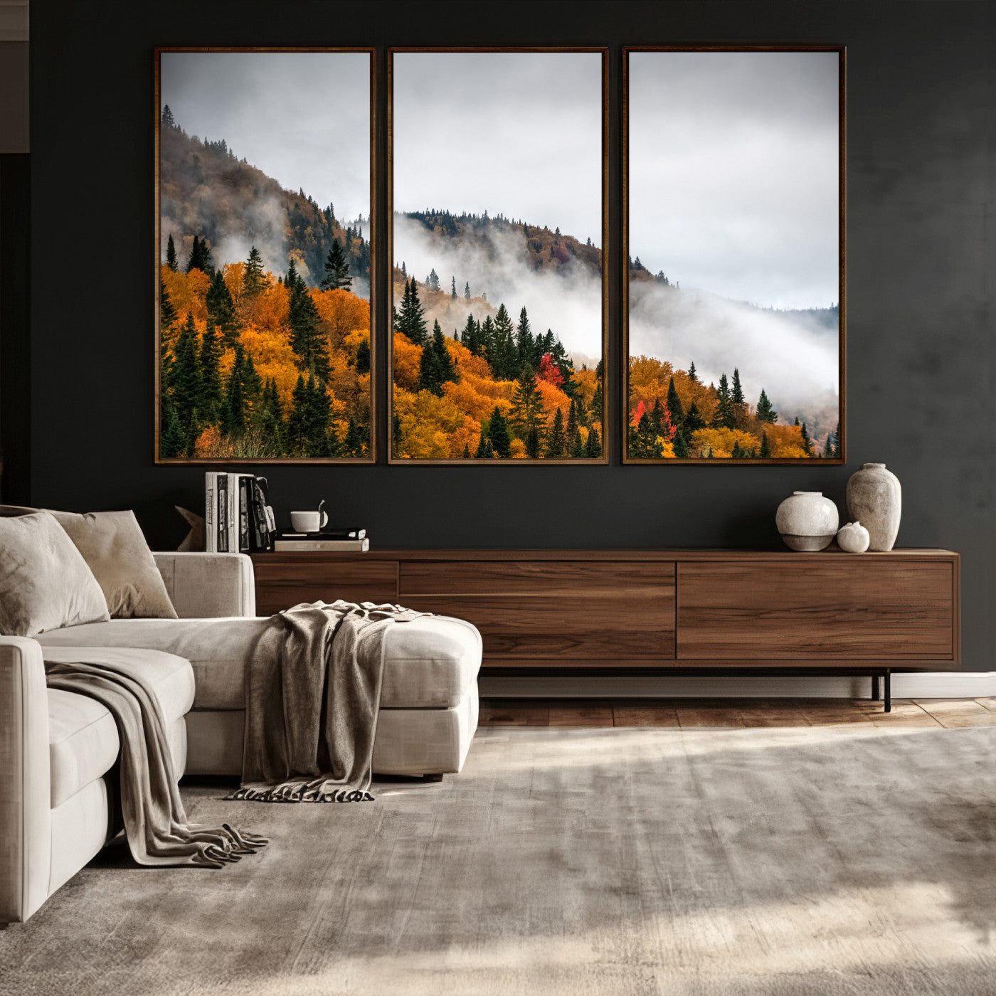 93581632-MGV-CV-36X24 - Autumn Forest Wall Art Canvas Print, Foggy Mountain Landscape Nature Photography, Framed Wall Art Ready to Hang