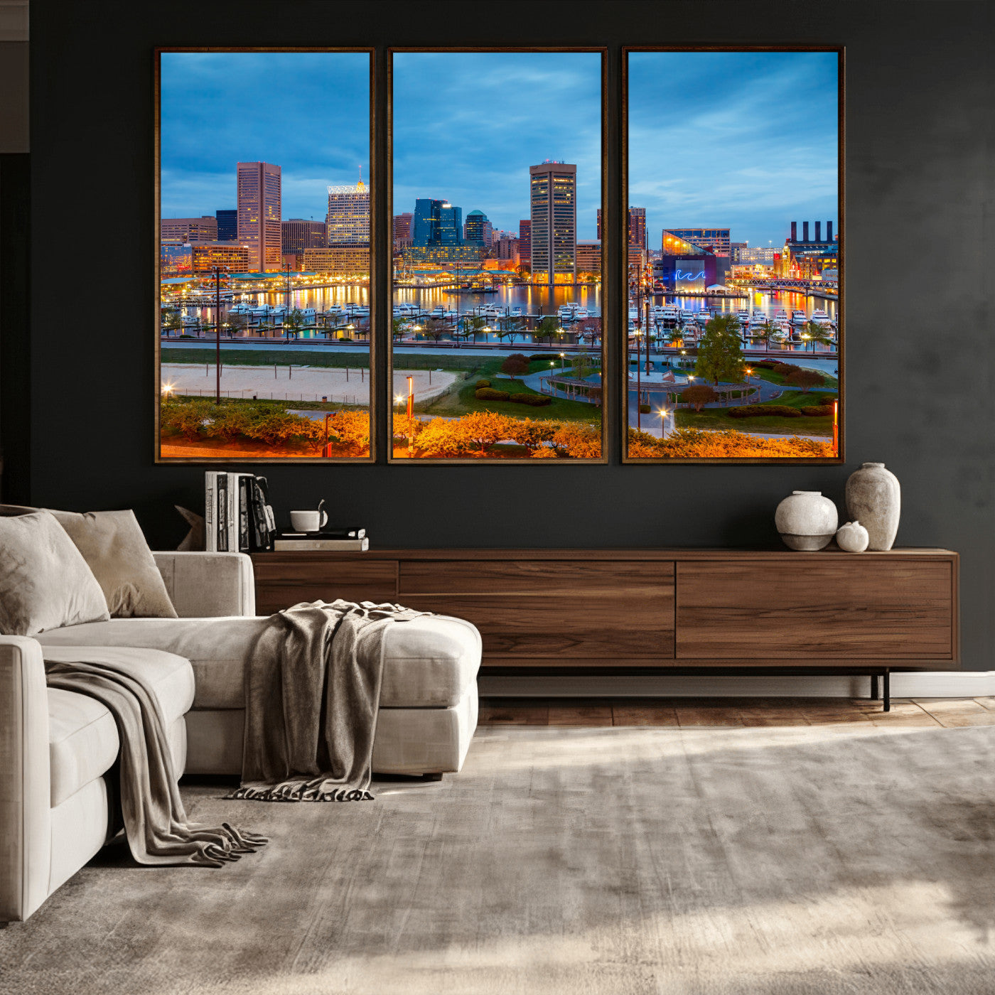 78635089-MGV-CV-36X24 - Baltimore Skyline Wall Art Canvas Print, Baltimore Downtown Night Cityscape Print for Modern Urban Wall Decor