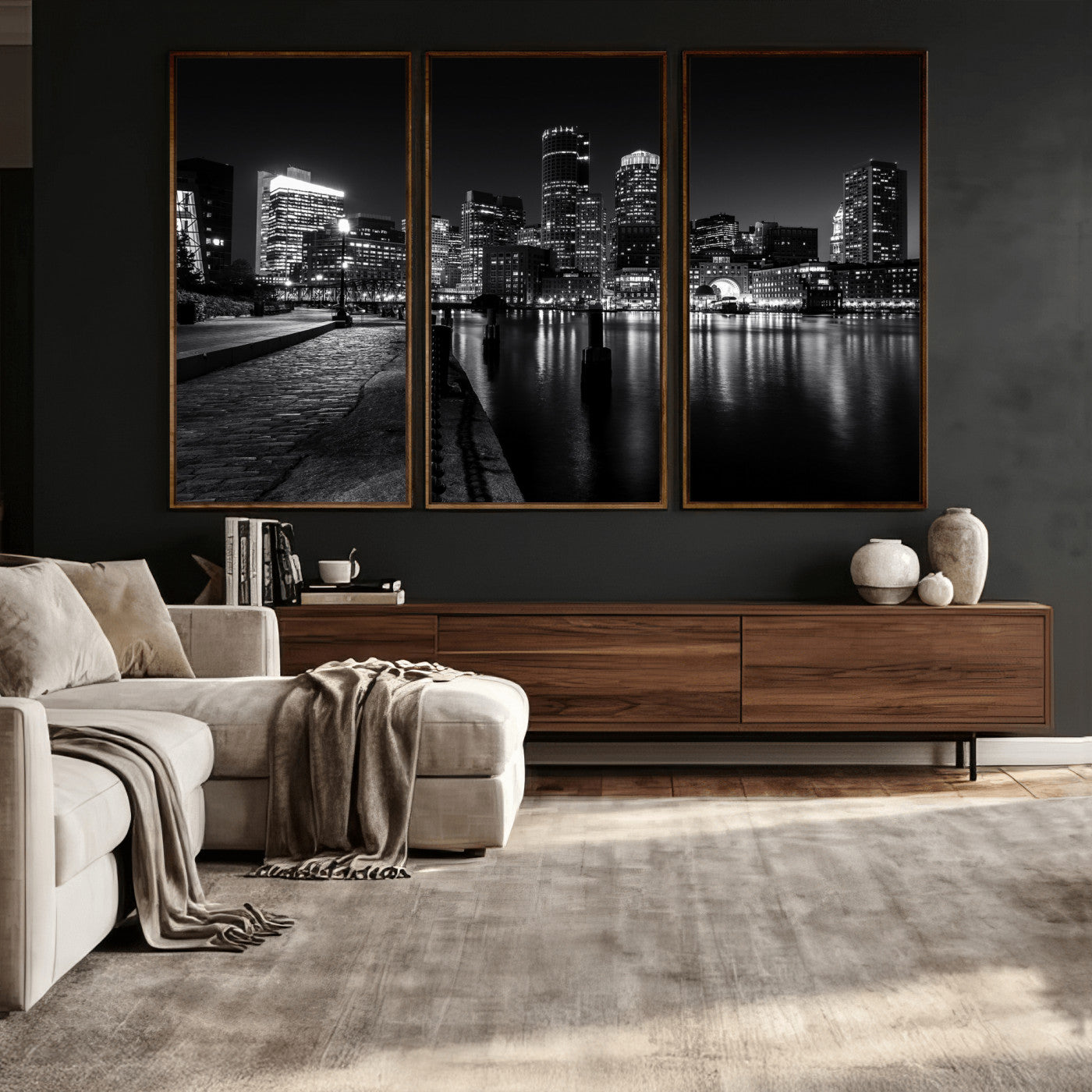 53082656-MGV-CV-36X24 - Boston Wall Art Canvas Print, Boston City Downtown Night Cityscape Print for Modern Urban Wall Decor