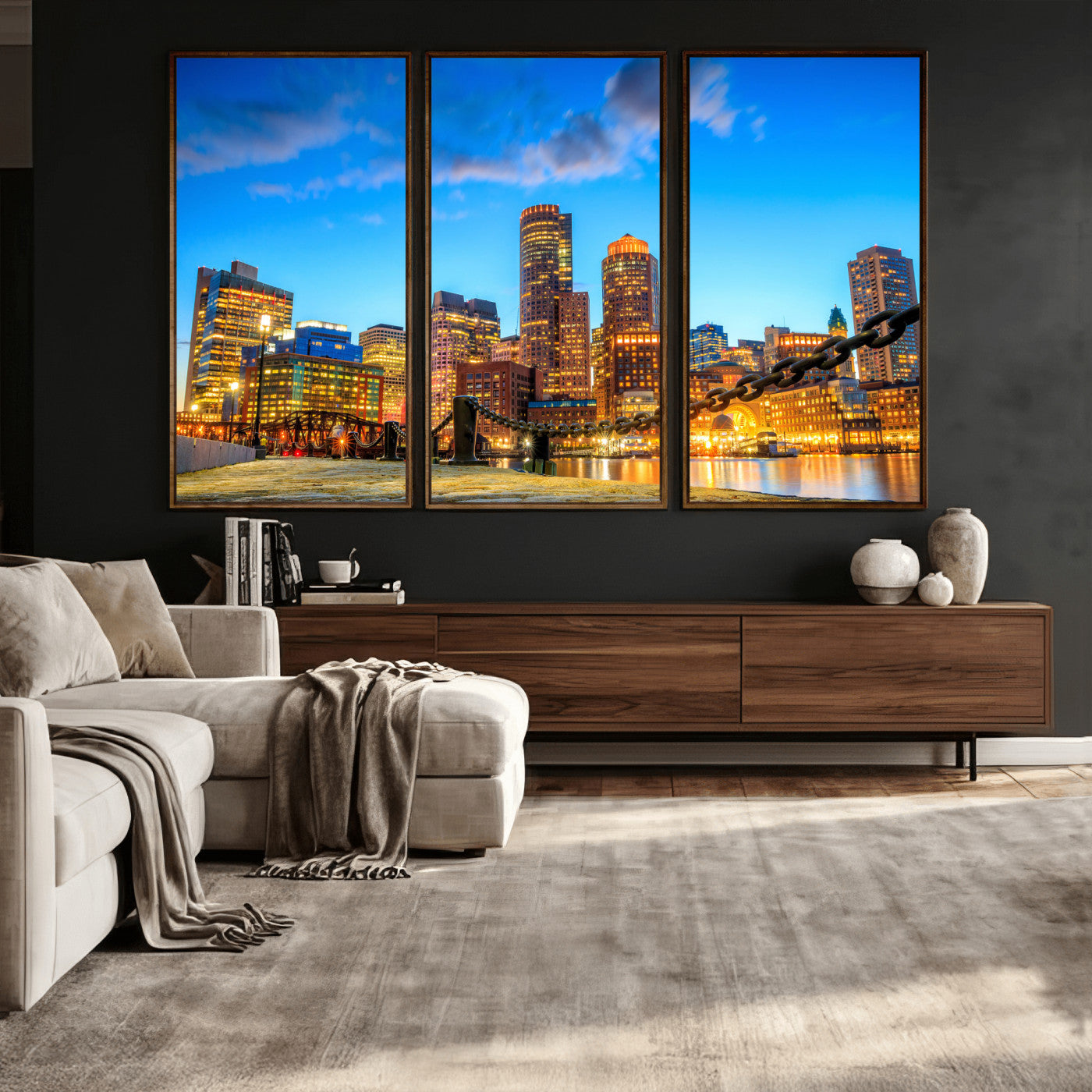 46736409-MGV-CV-36X24 - Boston Wall Art Canvas Print, Boston City Downtown Night Cityscape Print for Modern Urban Wall Decor