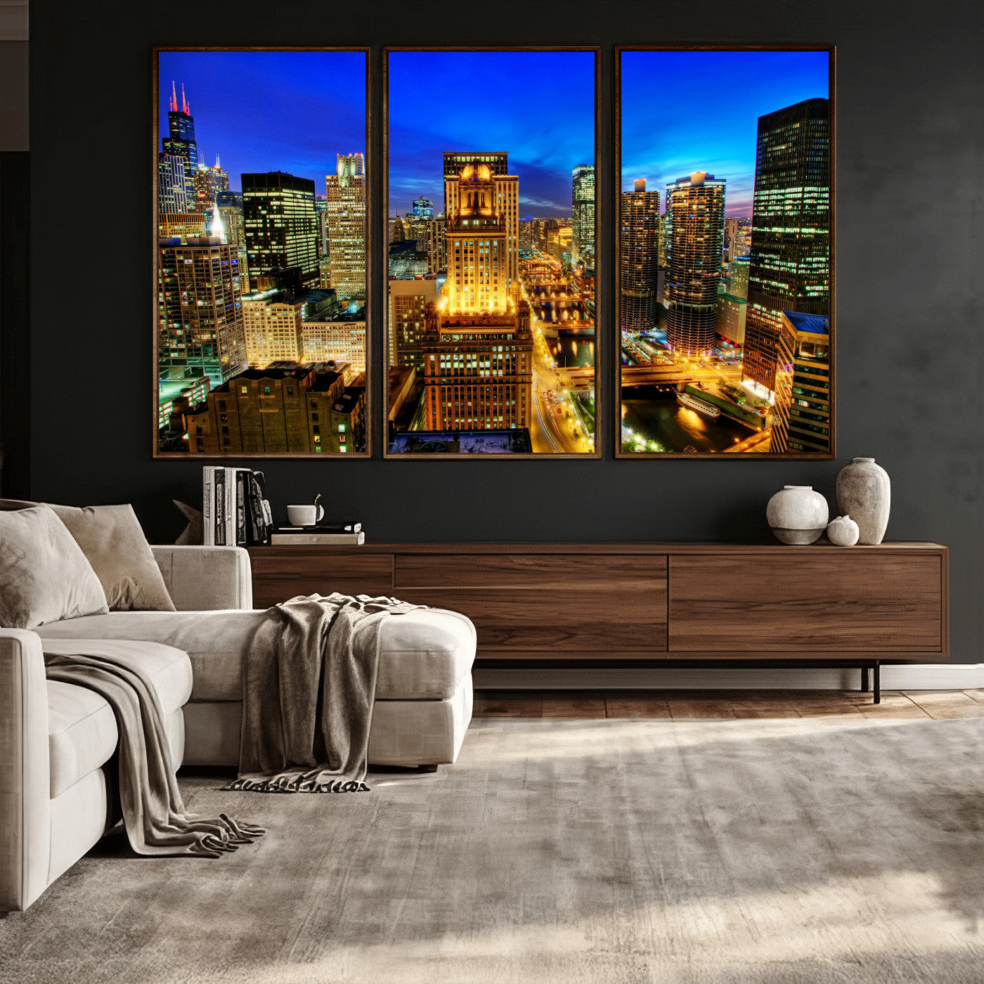 46298885-MGV-CV-36X24 - Chicago Wall Art Canvas Print, Chicago City Downtown Night Cityscape Print for Modern Urban Wall Decor