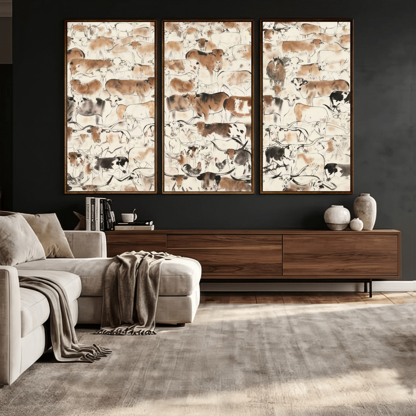 69961368-MGV-CV-36X24 - Farmhouse Animals Wall Art Canvas Print - Abstract Farm Animal Drawing Mid-Century Wall Art for Cabin Decor