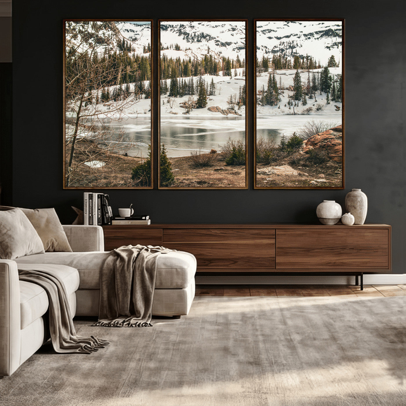 10336249-MGV-CV-36X24 - Snowy Mountain Landscape Wall Art Canvas Print, Alpine Pine Forest Winter Nature Wall Decor for Living Room and Office