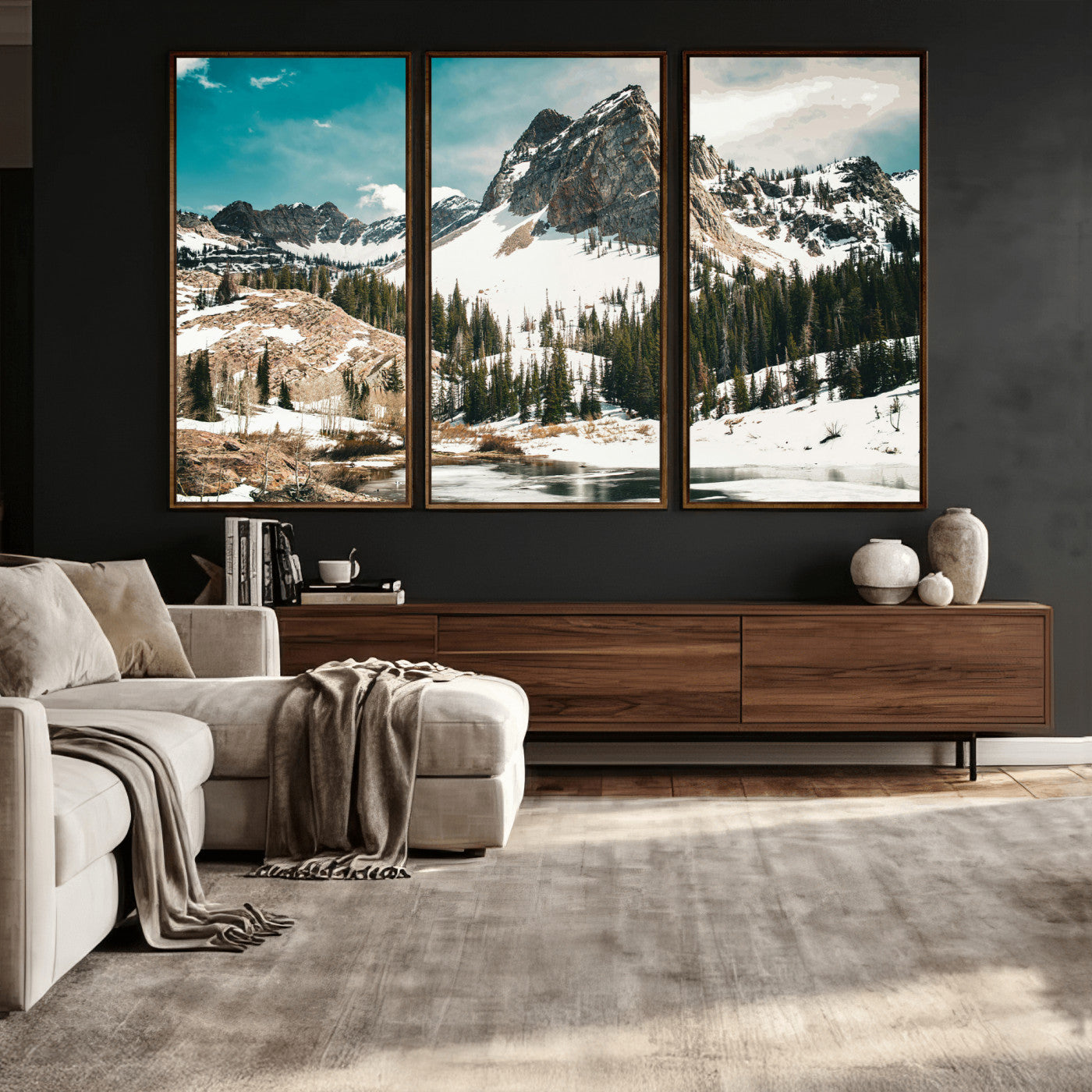 56837070-MGV-CV-36X24 - Snowy Mountain Landscape Wall Art Canvas Print, Alpine Pine Forest Winter Nature Wall Decor for Living Room and Office