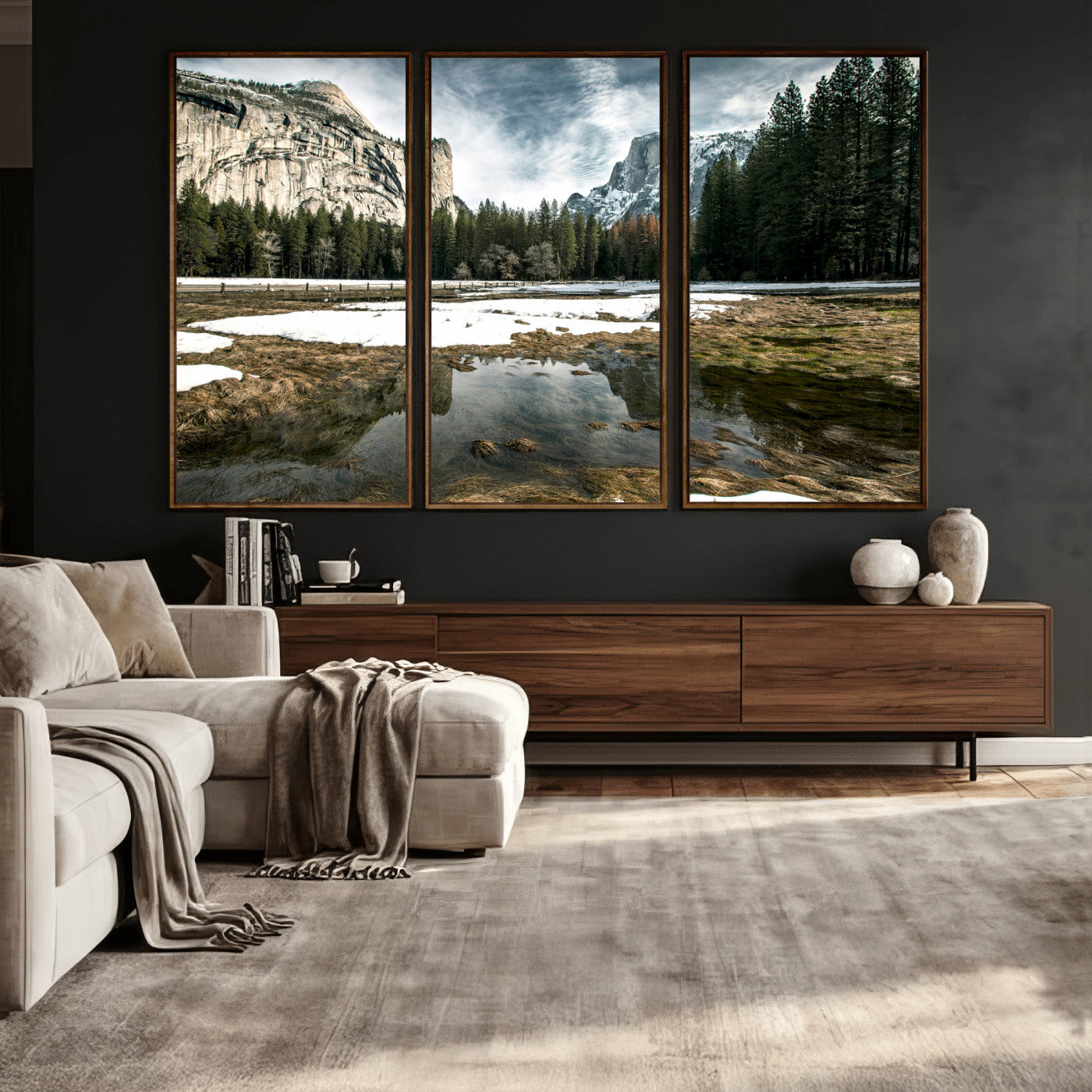 14527348-MGV-CV-36X24 - Yosemite Valley Mountain Landscape Wall Art Canvas Print, Granite Cliff Forest Valley Canvas Print, California National Park Scenic Art Printing