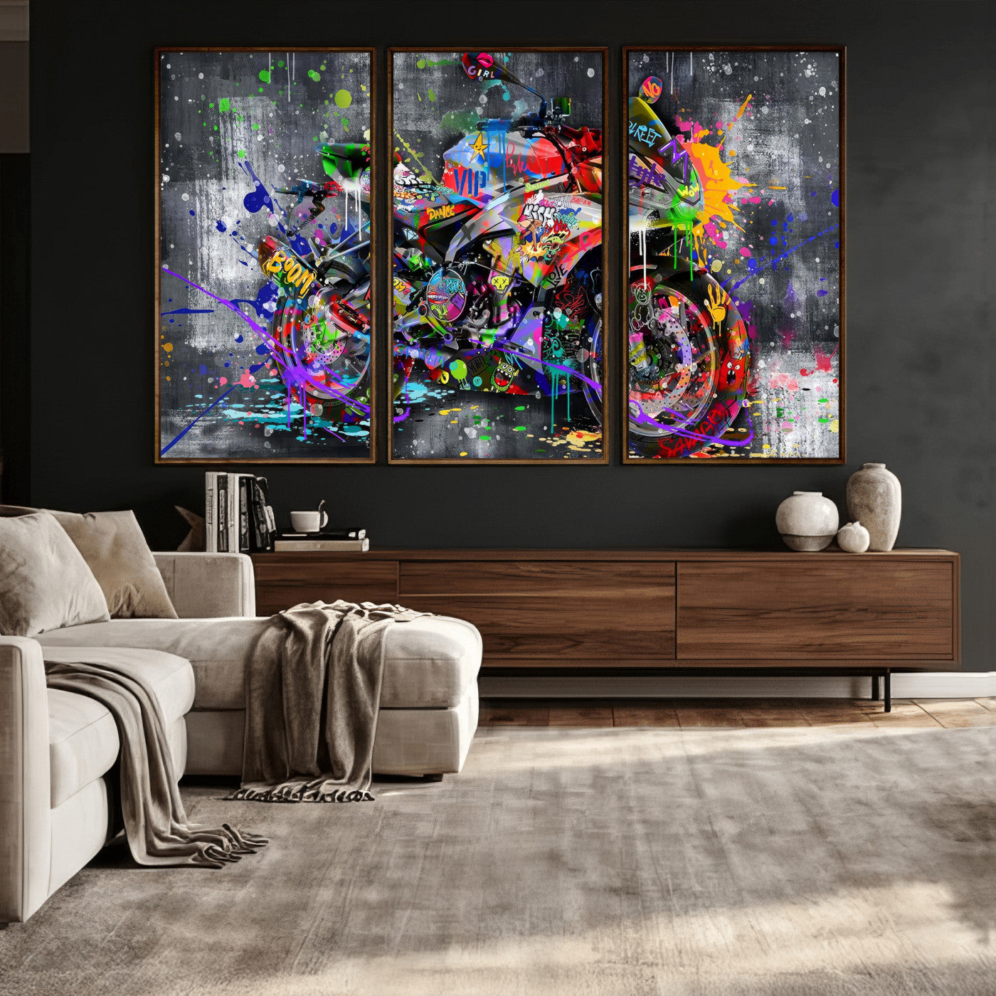 83021767-MGV-CV-36X24 - Graffiti Motorcycle Wall Art Canvas Print, Urban Street Art Motorbike Decor, Colorful Graffiti Sports Bike Artwork