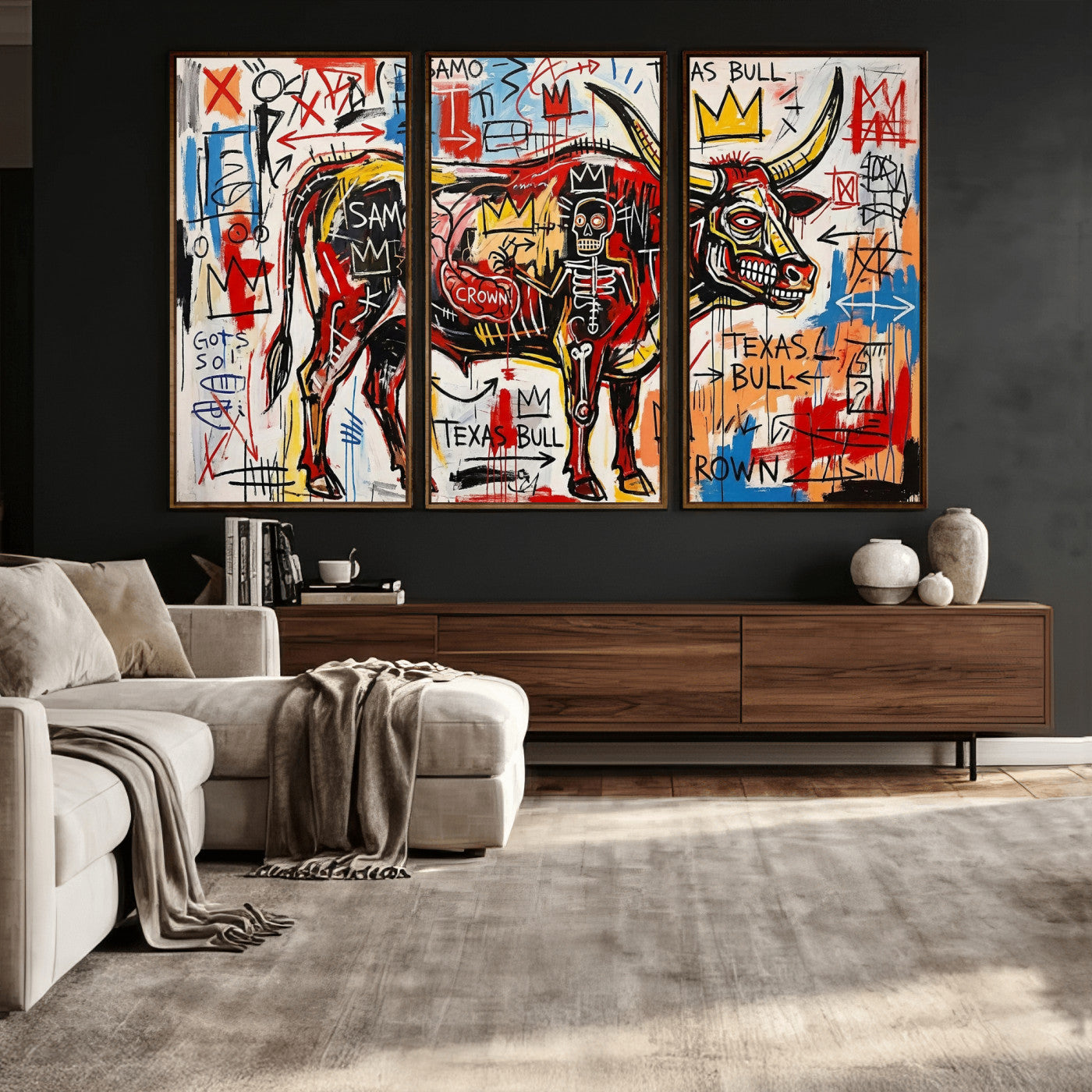 89504579-MGV-CV-36X24 - TITLE: Texas Bull Wall Art Canvas Print, Abstract Graffiti Bull Painting, Western Animal Art, Modern Ranch Decor