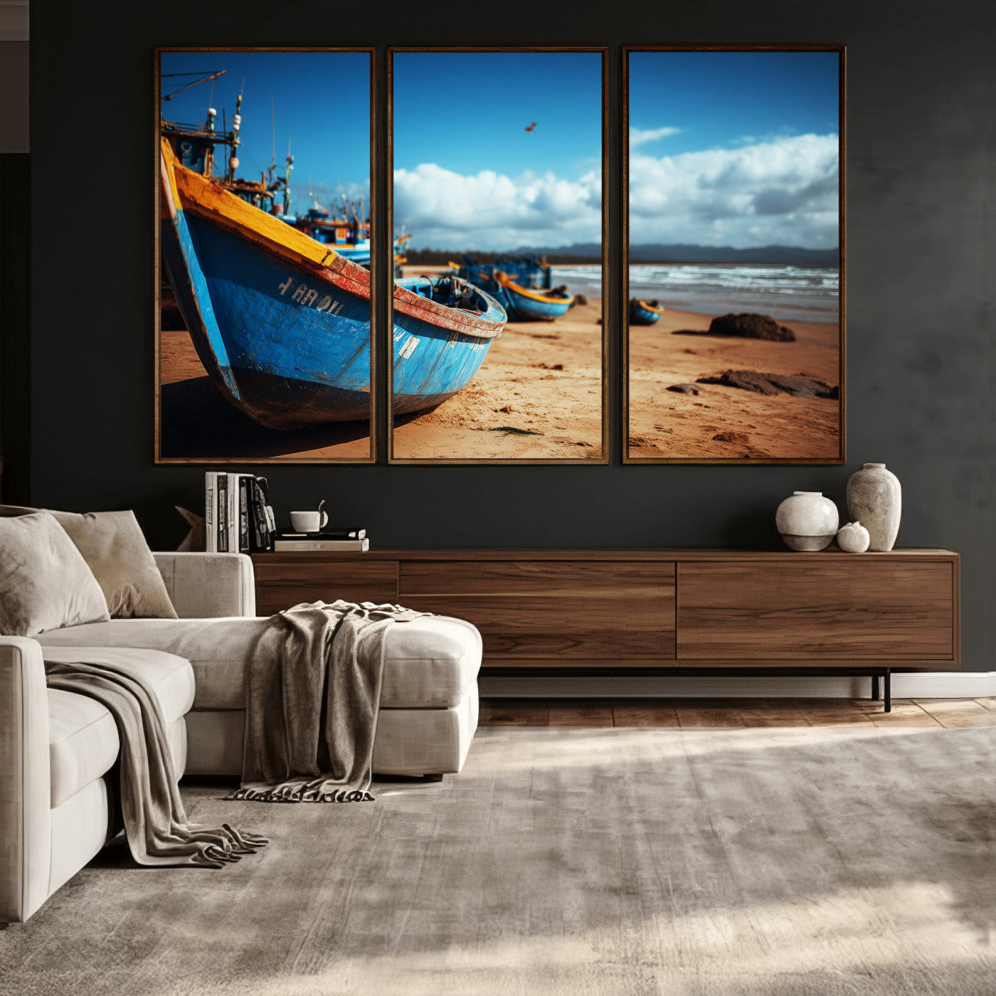 70925201-MGV-CV-36X24 - Fishing Boats Wall Art Canvas Print, Coastal Boat Beach Scene, Nautical Seaside Artwork, Ocean Shore Decor, Coastal Home Wall Art