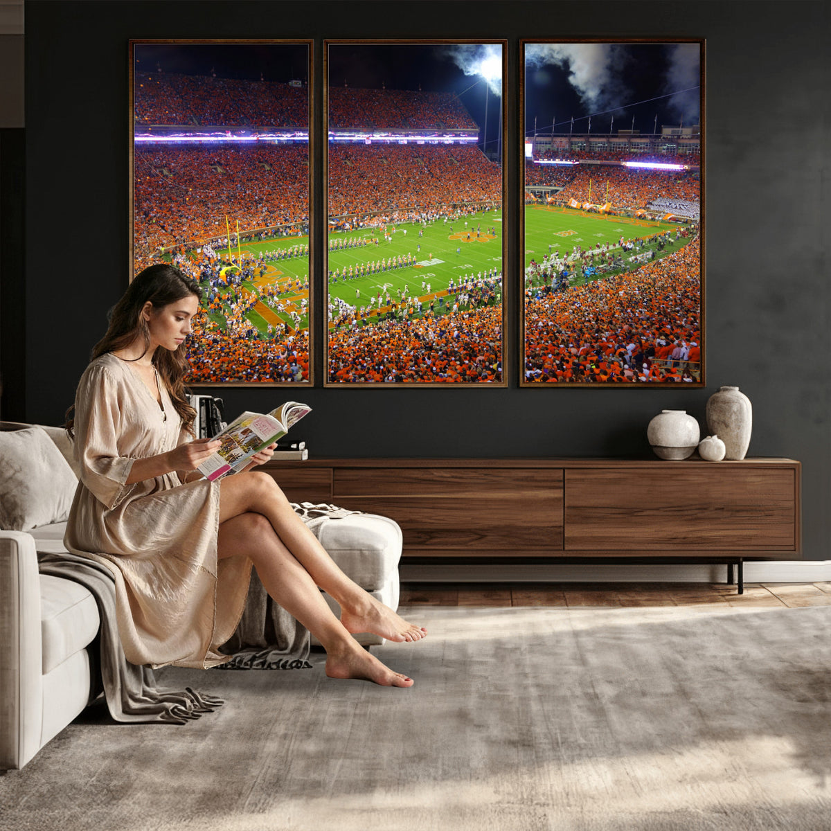 43662631-MGV-CV-36X24 - Clemson Football Stadium Wall Art Canvas Print, College Football Crowd Night Game Scene, Orange Stadium Panorama Wall Decor
