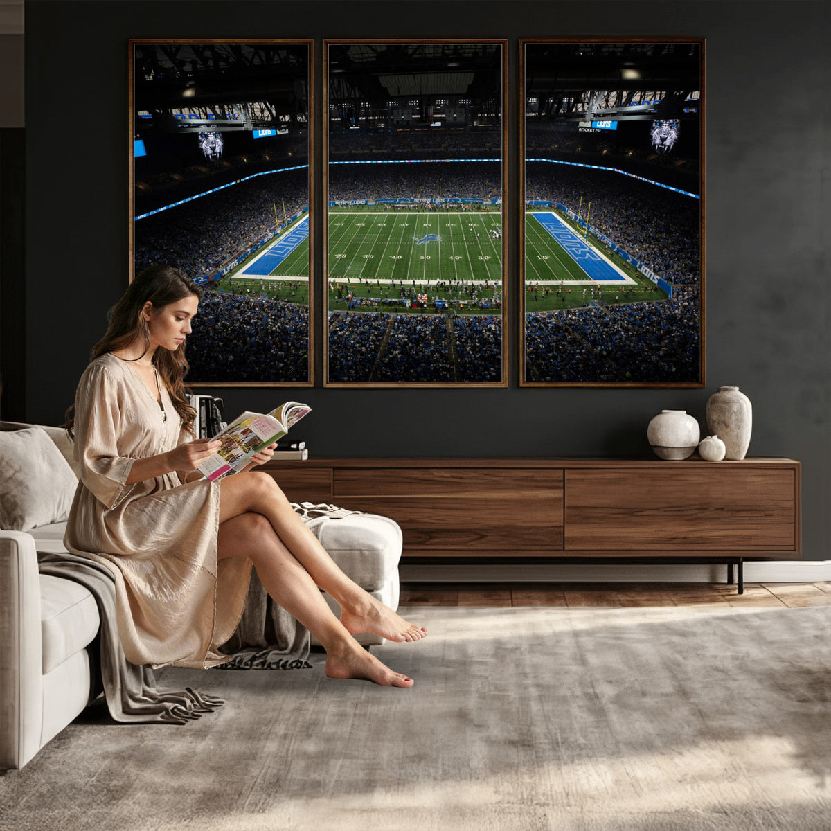 16709602-MGV-CV-36X24 - Detroit Lions Stadium Wall Art Canvas Print, Football Field Panorama