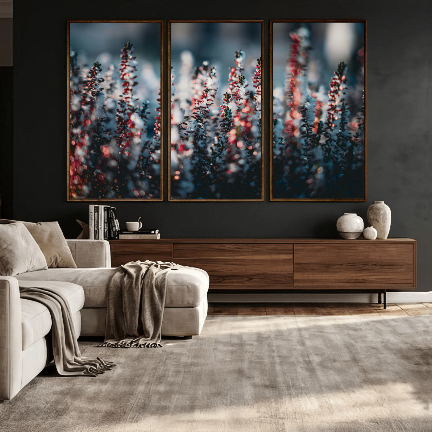 82063935-MGV-CV-36X24 - Winter Heather Wall Art Canvas Print, Frosted Floral Nature Art, Moody Botanical Wall Decor