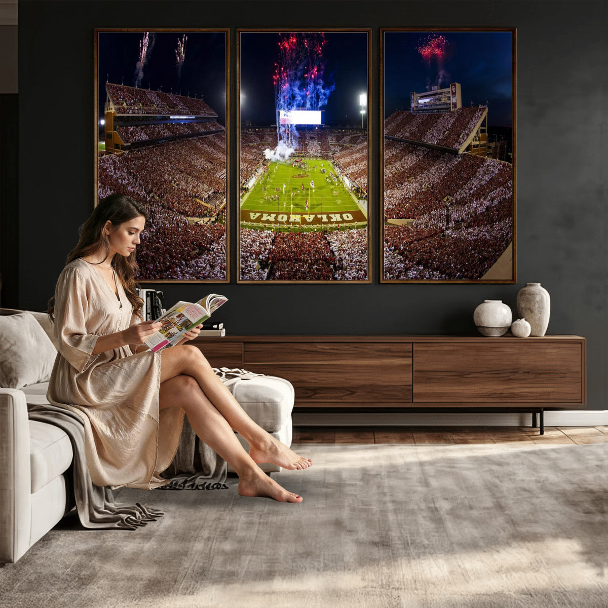 43197777-MGV-CV-36X24 - Oklahoma Memorial Stadium Wall Art Canvas Print – Oklahoma Sooners Football Artwork for Home, Office, and Sports Room Decor