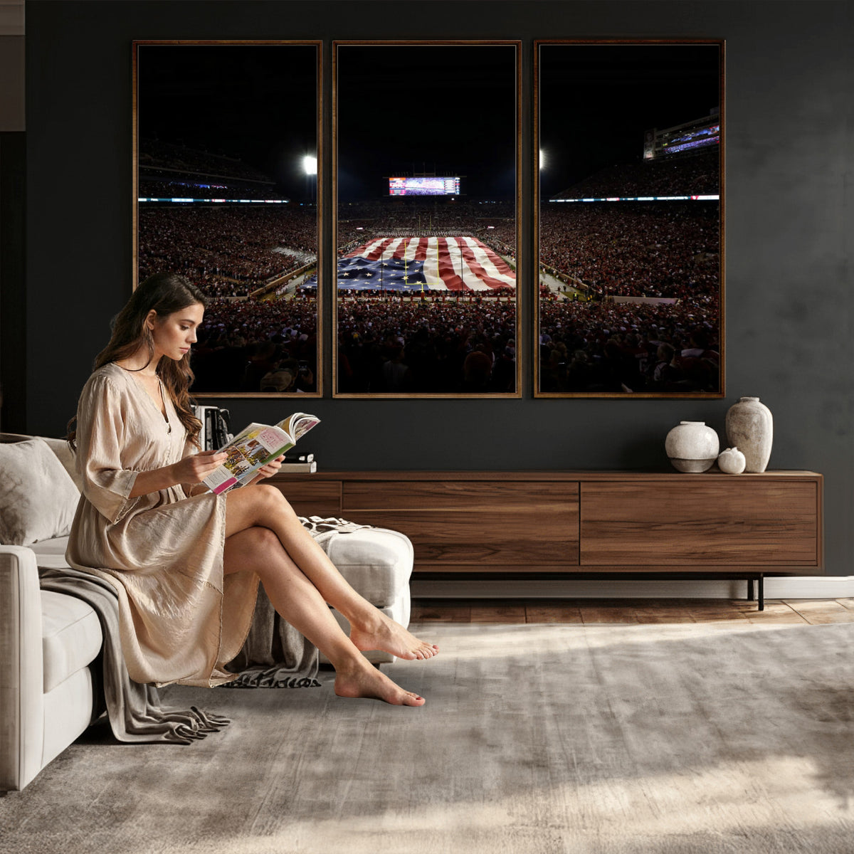 98418189-MGV-CV-36X24 - Oklahoma Memorial Stadium Wall Art Canvas Print – Oklahoma Sooners Football Artwork for Home, Office, and Sports Room Decor