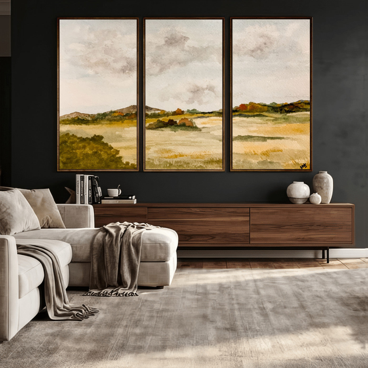 94151004-MGV-CV-36X24 - Watercolor Abstract Countryside Wall Art Canvas Print, Neutral Pastoral Landscape Painting Wall Decor for Modern Farmhouse Interiors