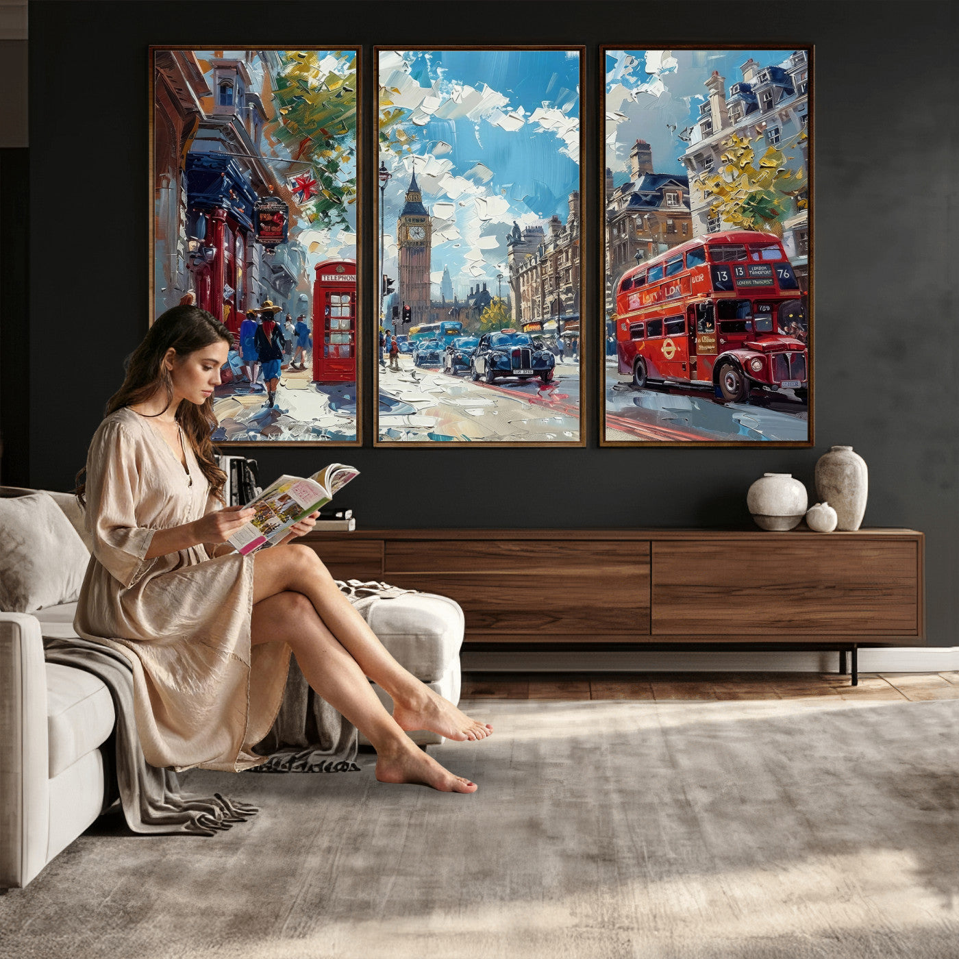 17630888-MGV-CV-36X24 - London Street Canvas Wall Art — Big Ben Red Bus Print | Oil Painting Style | UK City Wall Decor | Travel Art Gift | Living Room Print
