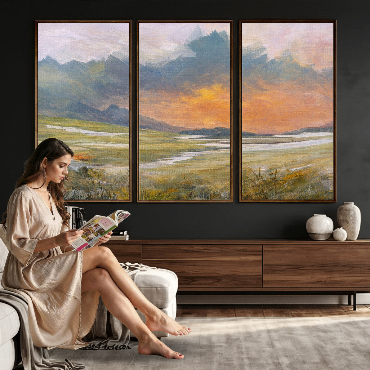 39892091-MGV-CV-36X24 - Mountain Sunset Wall Art Canvas Print Vintage Landscape Panorama Rustic Nature Decor